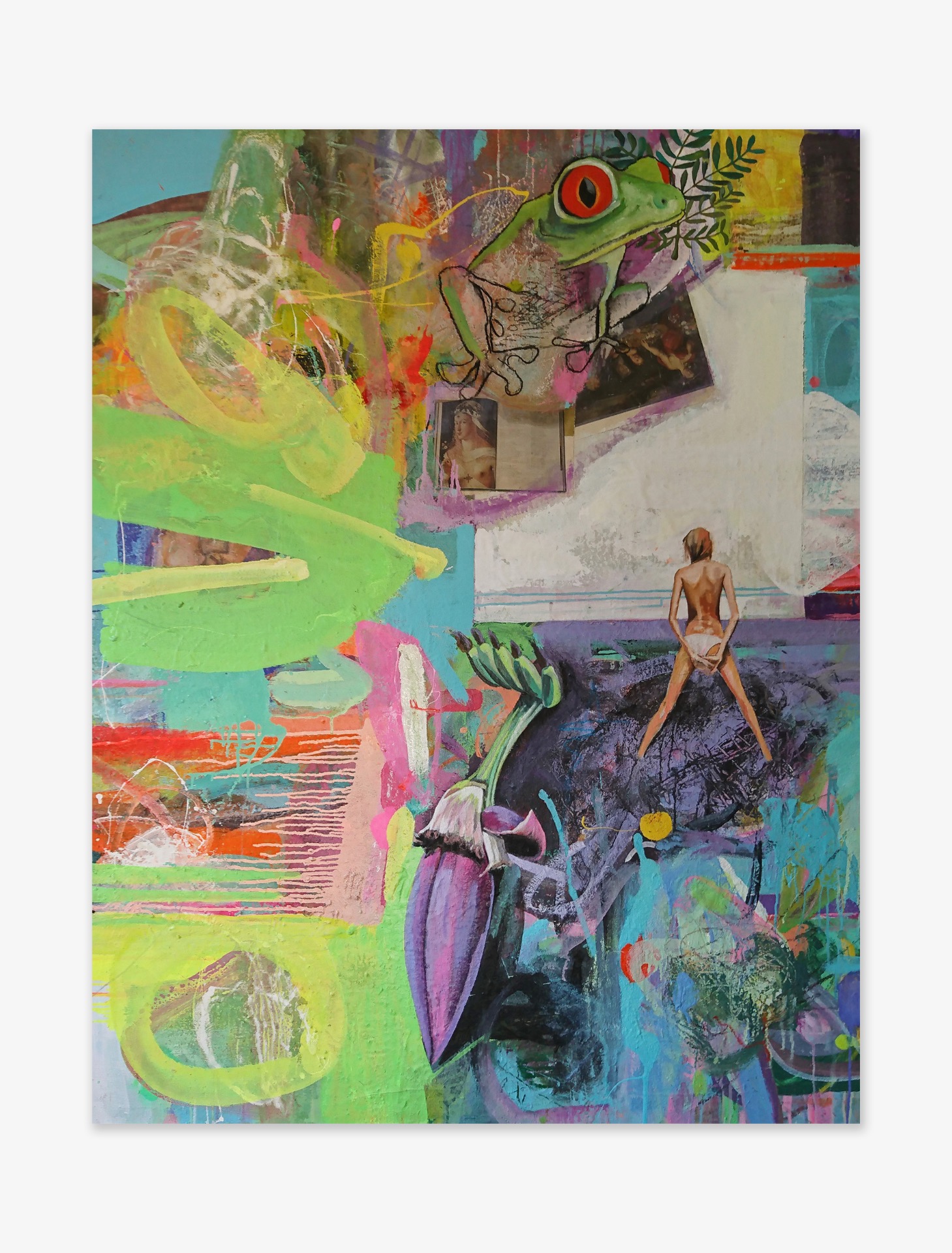 Ella Helman’s tribute to the motif of the swimming pool showcasing a féminin figure seen from the back on a colourful abstract background inspired by the graffiti subculture