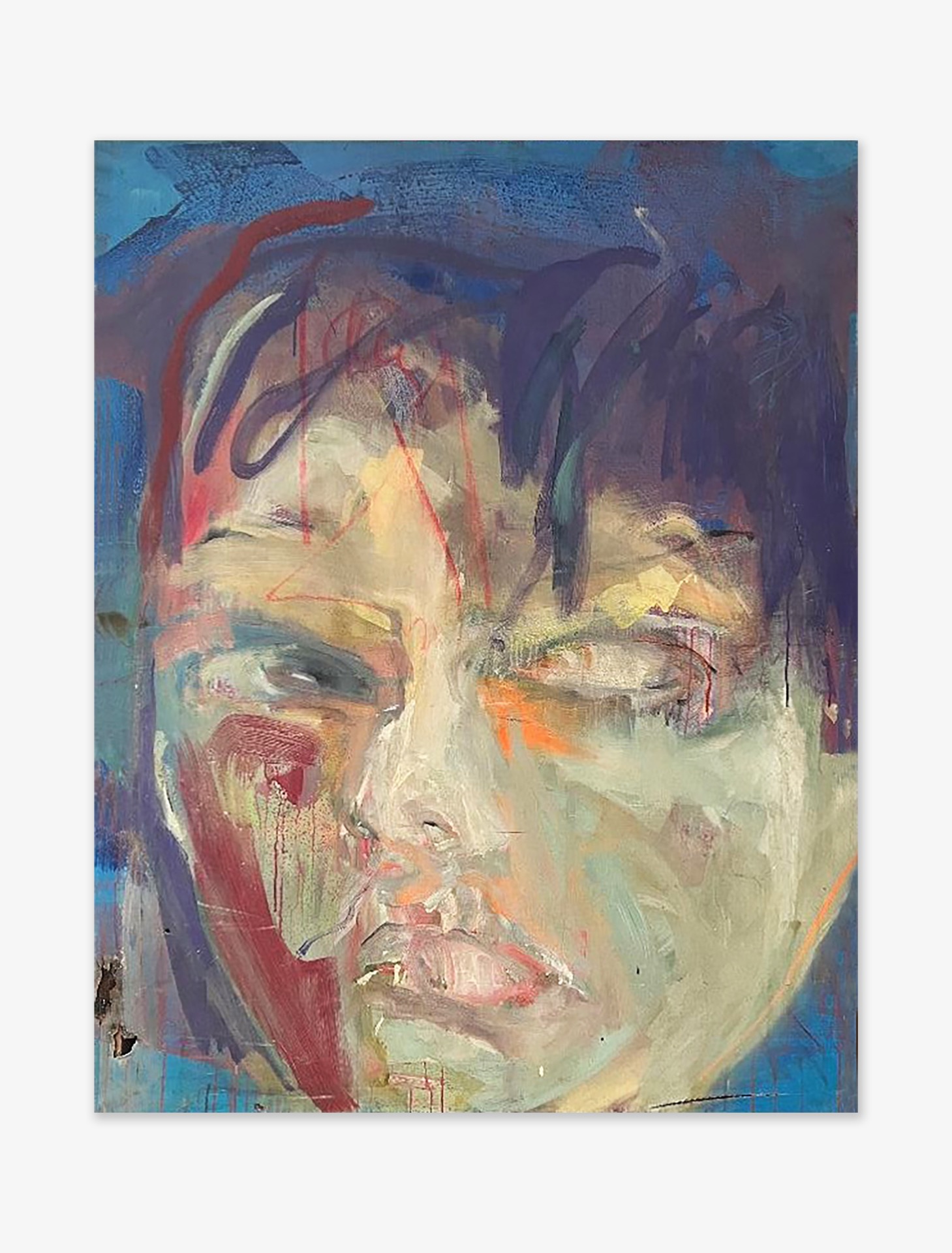 Dynamic portrait by Ella Helman with strong brushstrokes in hues of purple and blue imbued with movement