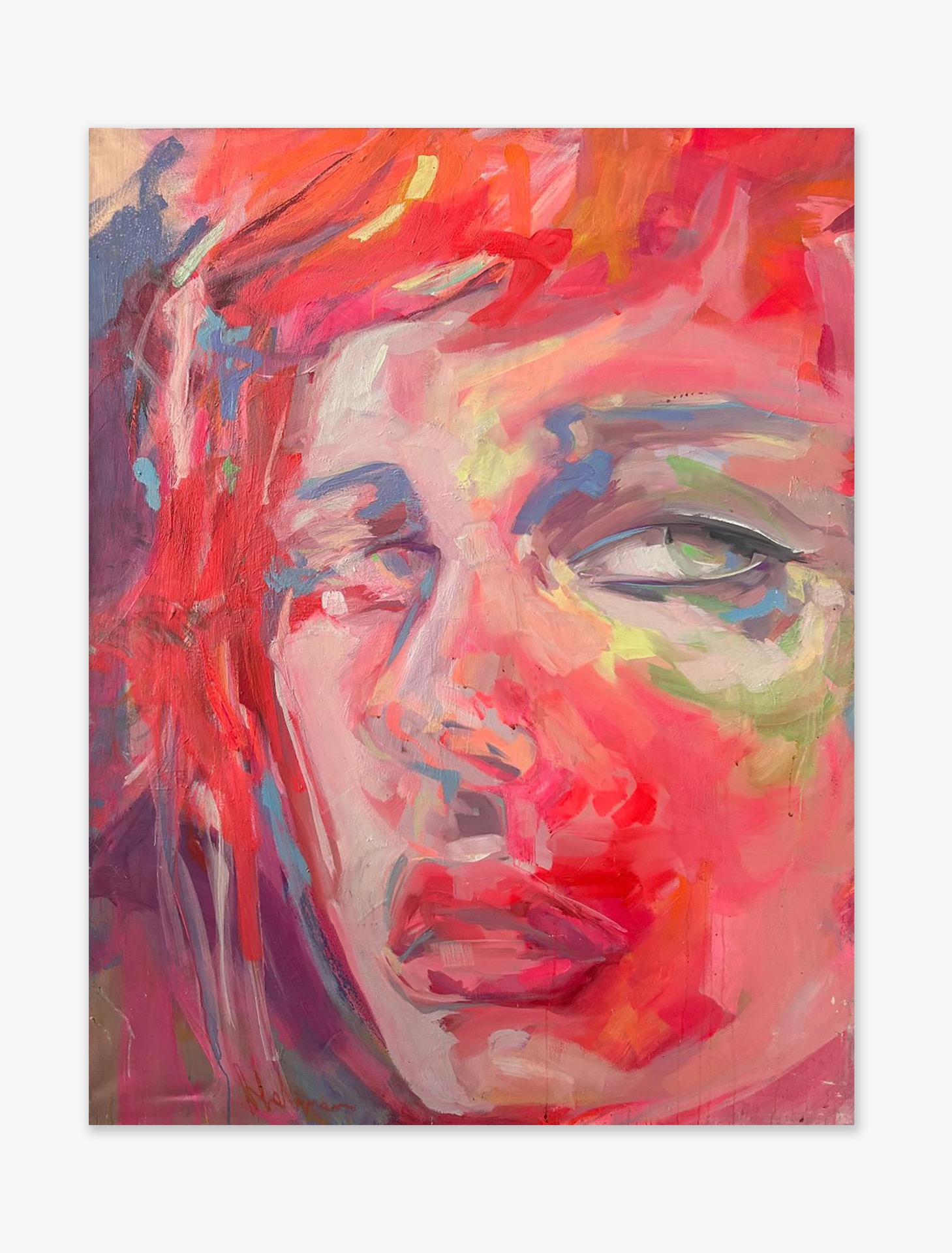 Portrait by Ella Helman with strong brushstrokes in hues of pink