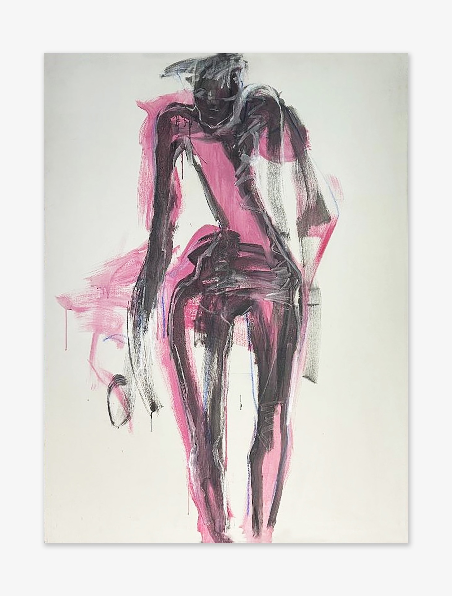 Painting of a pink naked figure standing on a white background by Ella Helman capturing the movement of the body