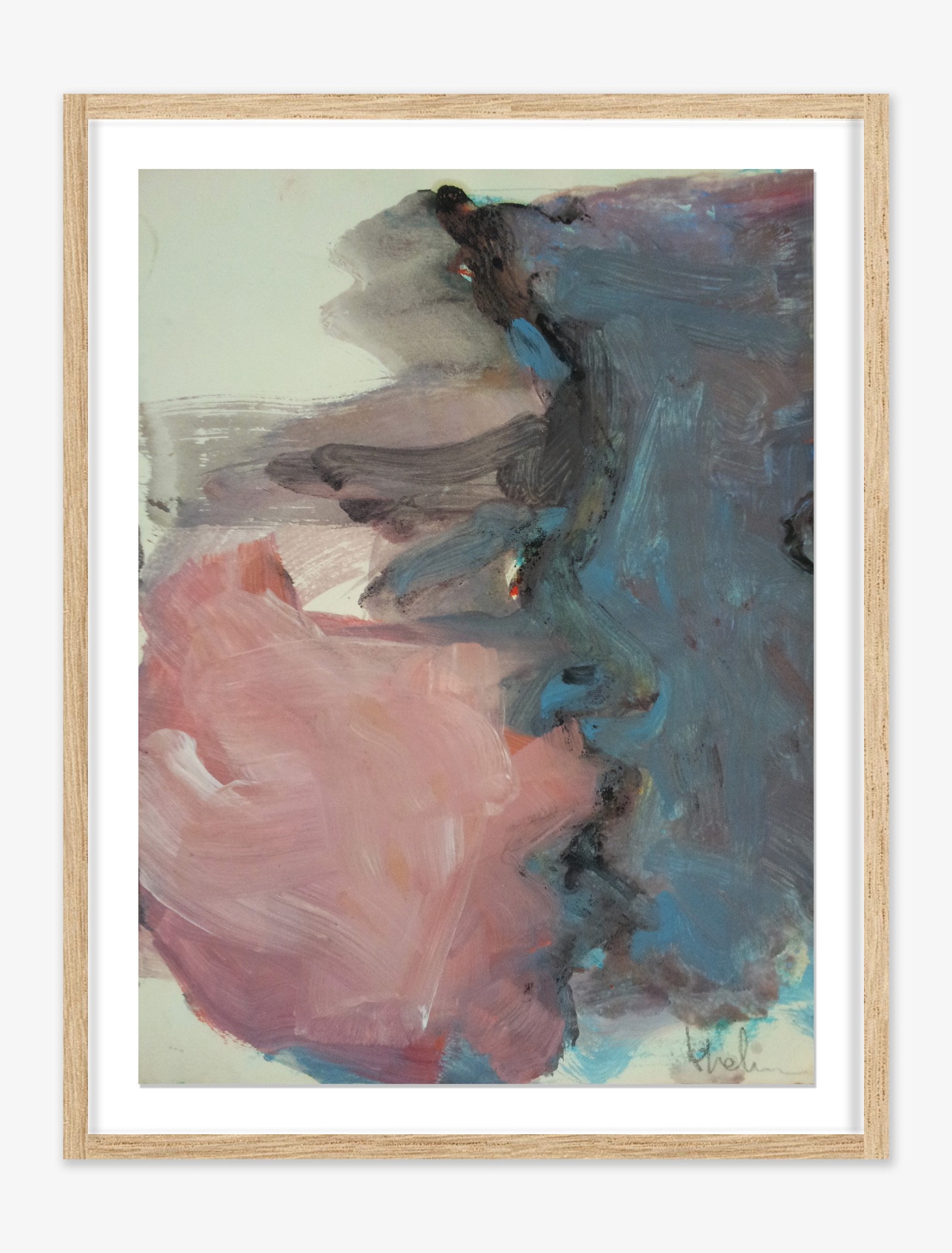 Work on paper by Ella Helman showing two faces kissing, the movement and strong brushstroke imbuing the work make it almost abstract